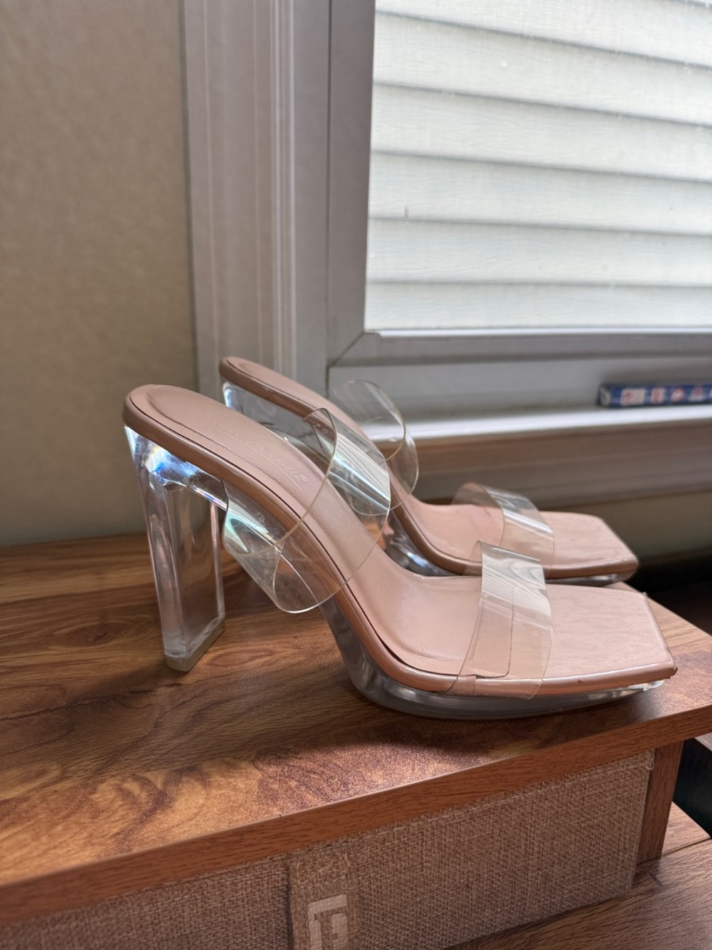 Anne Michelle Clear Strap High Heel Mule in Blush